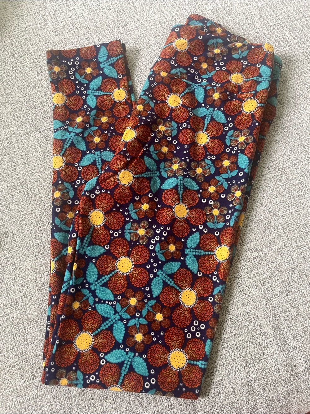 LuLaRoe OS Floral Leggings in Teal, Rust, Yellow, and Navy